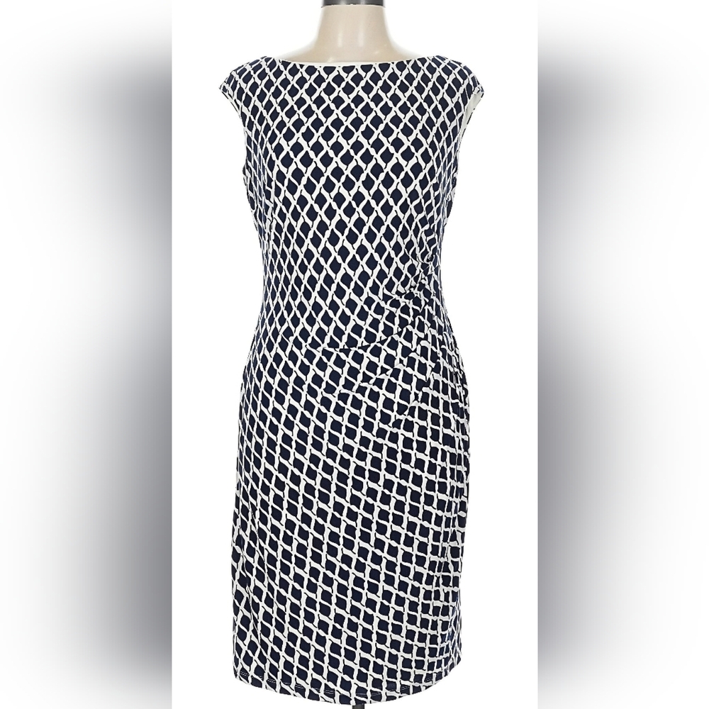 LAUREN Ralph Lauren Geometric Blue & White Sheath Coctail Dress Nordstrom Size10